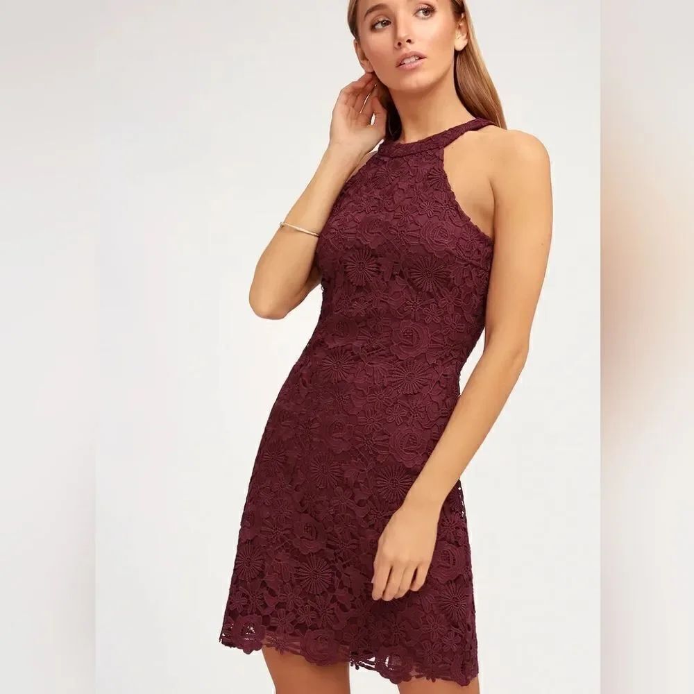 Lulus Women's Burgundy Floral Lace Love Poem Mini Dress Halter Top Size Small